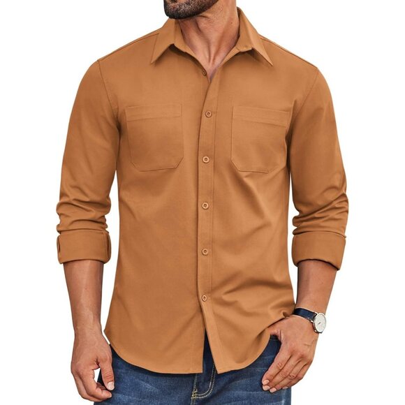 Coofandy Men Light Brown Button Down Untucked Long Sleeve Woven Shirt - Picture 1 of 5